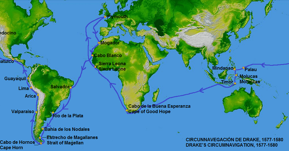 Map Of Francis Drake s Circumnavigation 1577 80 CE World History 