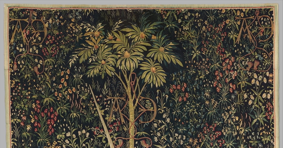 The unicorn rests sales in a garden tapestry