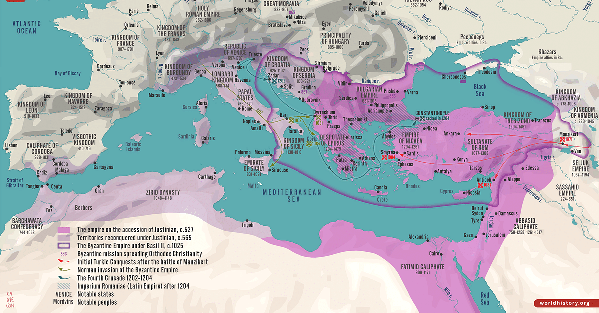 Rome And Constantinople Map The Byzantine Empire, C.520 - 1204 (Illustration) - World History  Encyclopedia