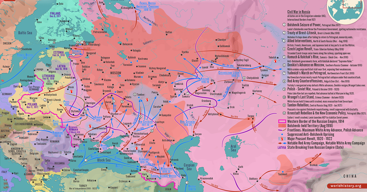 Map Of The Russian Civil War In Europe 1917 1922 World History 