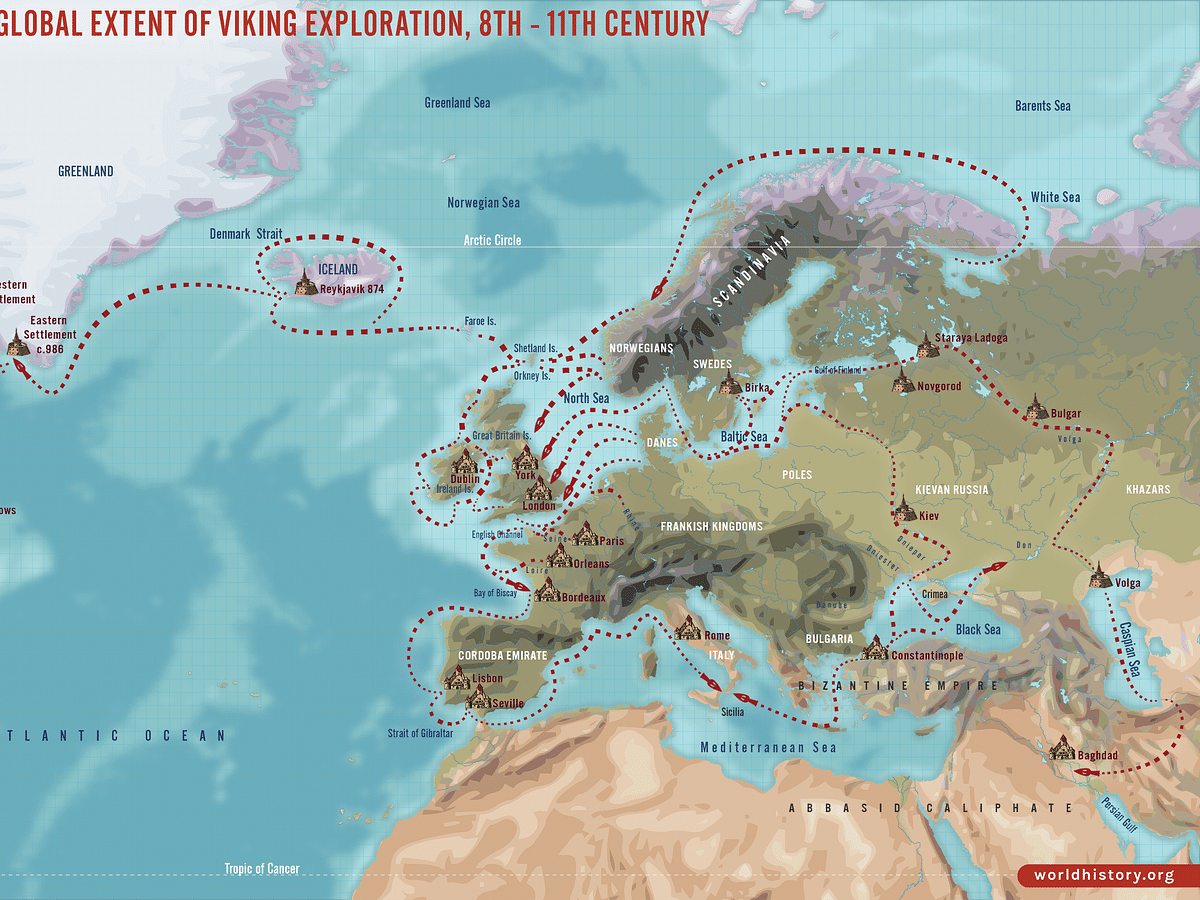 Map of Viking/Varangian exploration routes, highlighting paths to Byzantium and the Balkans