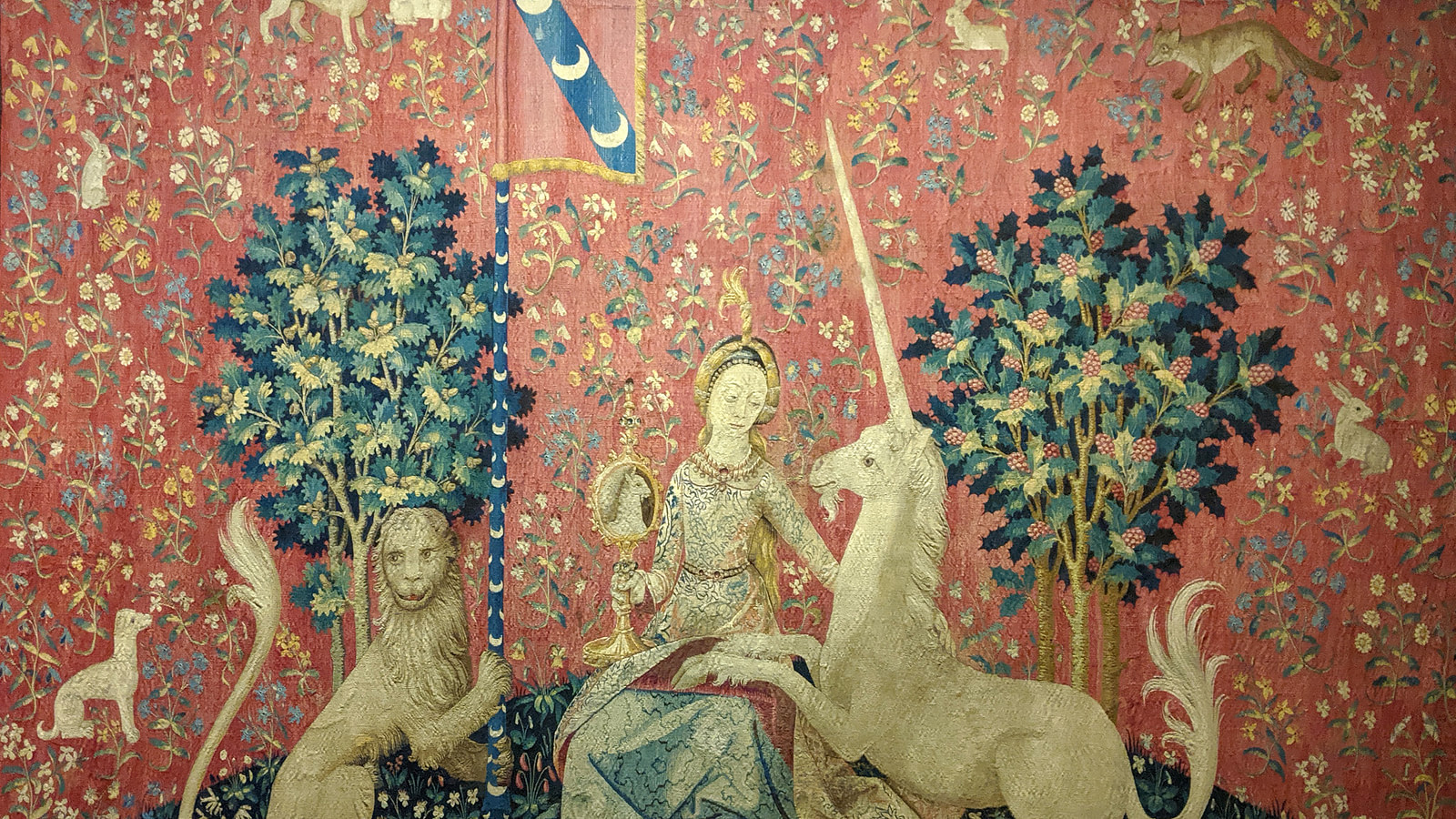 thumbnail image 2 of Phoenix Tapestry "The Lady & Unicorn" Medieval Wall Hanging – Jacquard Woven, 46x55 Inches, Art Deco Style 2 of 4