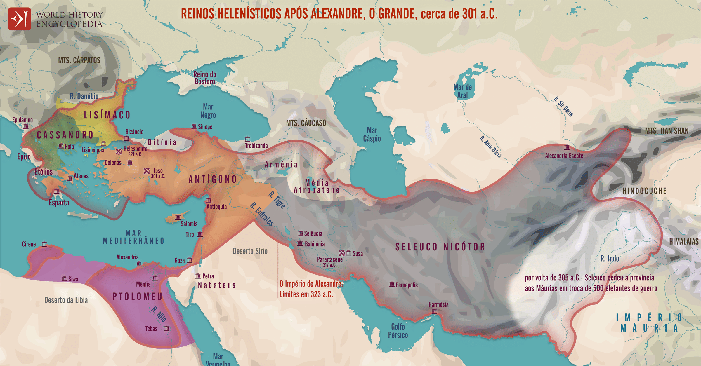 Mapa dos Reinos Helenísticos após Alexandre, cerca de 301 a.C. - World ...