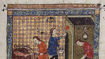 Depiction of a Medieval Passover from the Rylands Haggadah