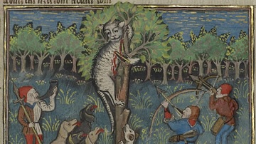 A Hunter & Dogs Attacking a Treed Wild Cat