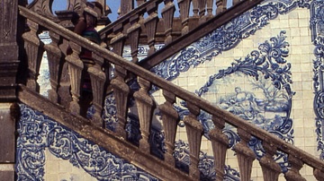 Blue and White Tiled Stairs