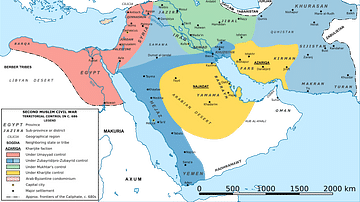 Map of the Middle East during the Second Fitna (c. 686 CE)
