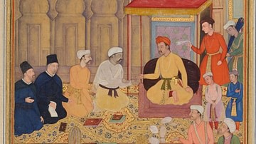 Akbar in the Ibadat Khana