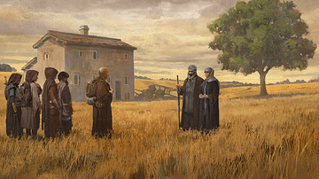 Pilgrims Approach a Farm Couple