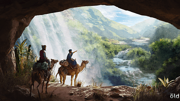 Camel Riders Discovering a Lush Valley