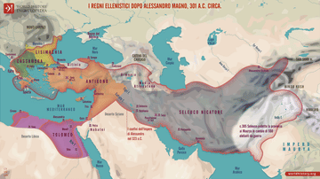 Mappa dei Regni Ellenistici dopo Alessandro Magno, 301 a.C. circa.