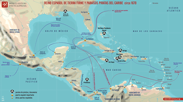 Mapa de los puertos piratas de la Tierra Firme y el Caribe hacia 1670