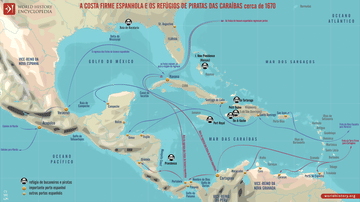Mapa da Costa Firme e dos Refúgios de Piratas nas Caraíbas, cerca de 1670