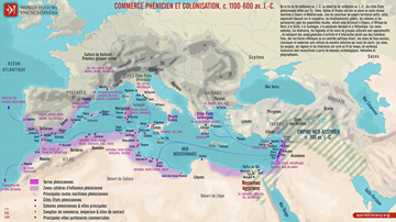 Carte du commerce et de la colonisation phéniciens, vers 1100-600 av. J.-C.