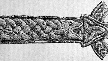 Engraving of the god Vidar battling the wolf Fenrir