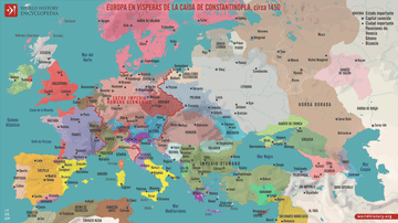 Map de Europa en vísperas de la caída de Constantinopla, c. 1450