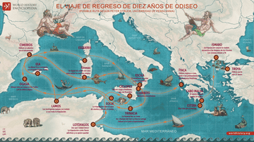 Mapa del viaje de regreso de diez años de Odiseo