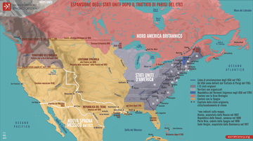 Mappa dell'espansione degli Stati Uniti dopo il Trattato di Parigi del 1783