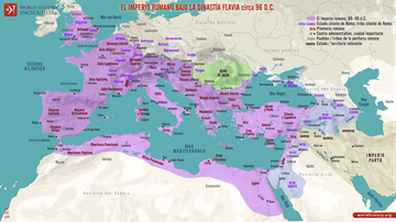 Mapa del Imperio romano bajo la dinastía Flavia, en torno a 96 d.C.