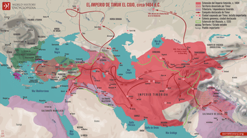 Mapa del imperio de Timur y sus campañas, 1370-1405