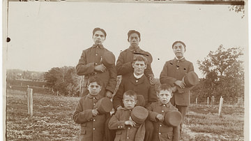 Teacher and Young Boys Posed for Photograph at American Indian Boarding School