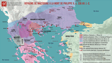 Carte du royaume de Macédoine à la mort de Philippe II, vers 336 av. J.-C.