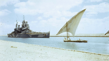 Battleship and Felucca on the Suez Canal