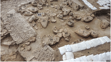 2013 image of labelled wine jars in first Tel Kabri wine cellar towards the southeast