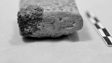 End View, Illegally Excavated Mesopotamian Clay Tablet