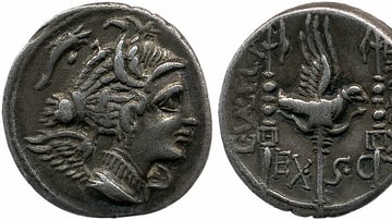 Silver Denarius Depicting Legionary Eagle