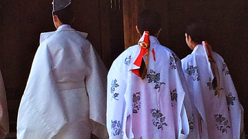 Shinto Priest and Female Shrine Stewards at Meiji Shrine