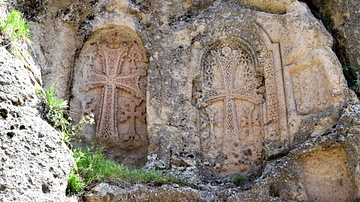 Three Khachkars at Geghard Monastery in Armenia