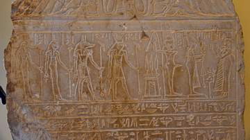 Funerary Stele Featuring Osiris, Min, Horus, Anubis, Isis, and Maat
