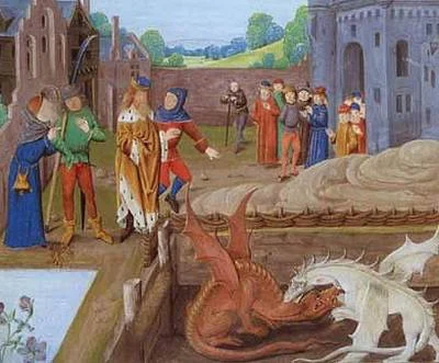 Vortigern Meets Merlin; World History Encyclopedia; Detail from Lambeth Palace Library MS 6 folio 43v illustrating an episode in Geoffrey of Monmouth's Historia Regum Britanniae. Unknown illustrator, c. 15th century CE.
