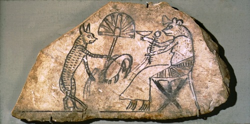 Ancient Egyptian Ink Drawing of a Cat & Mouse