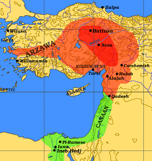 Hittite Empire c. 1300 BCE (by DBachmann, CC BY-SA)
