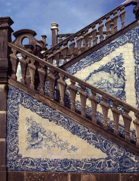 Blue and White Tiled Stairs