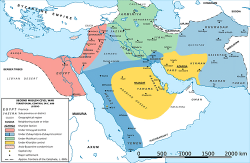 Map of the Middle East during the Second Fitna (c. 686 CE)