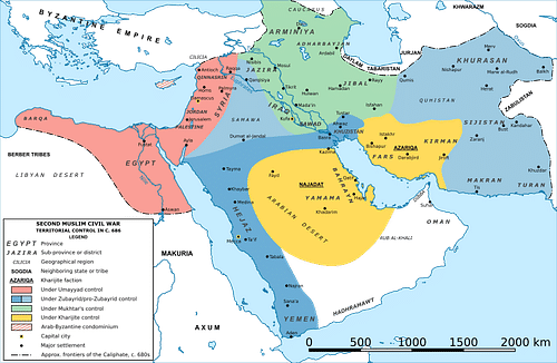 Map of the Middle East during the Second Fitna (c. 686 CE)