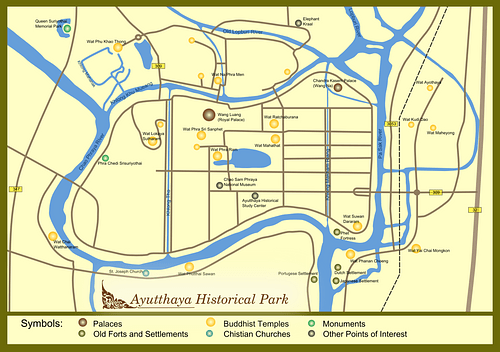 Map of Ayutthaya Historical Park, Ayutthaya, Thailand.