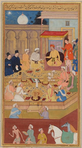 Akbar in the Ibadat Khana (by Nar Singh, Public Domain)