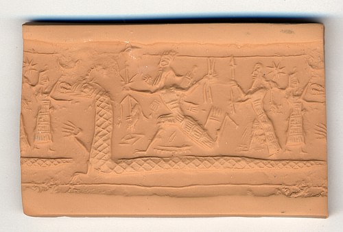 Neo-Assyrian Cylinder Seal Possibly Depicting Tiamat as a Serpent (by The Trustees of the British Museum, CC BY-NC-SA)