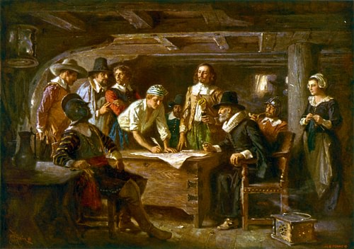 The Mayflower Compact (by Jean Leon Gerome Ferris, Public Domain)