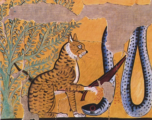 Egipski obraz przedstawiający kota zabijającego węża