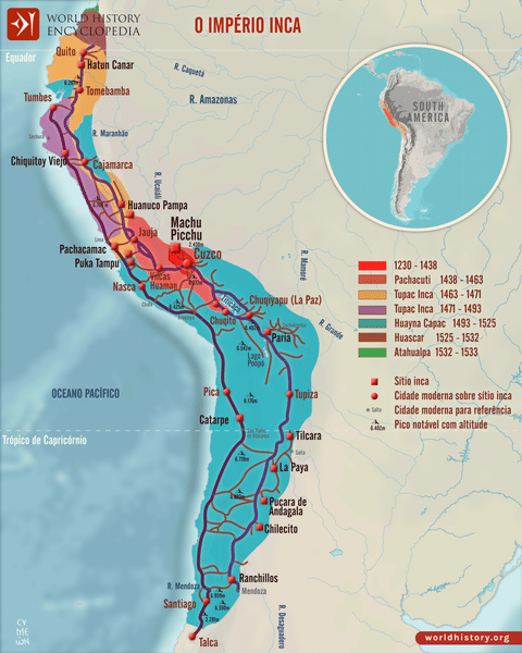 Mapa do Império Inca - Expansão e Estradas
