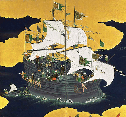 Portuguese Ship at Nagasaki (by Kanō Naizen, Public Domain)