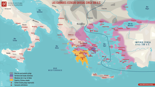 Mapa de las ciudades-Estado griegas en torno a 500 a.C. (by Simeon Netchev, CC BY-NC-ND)