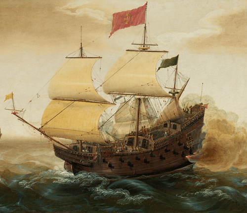 Spanish Galleon Firing Cannons (by Cornelis Verbeeck, Public Domain)