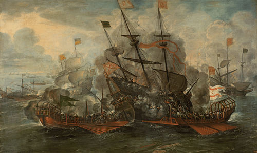Spanish Galleon Under Attack (by Juan de la Corte, Public Domain)