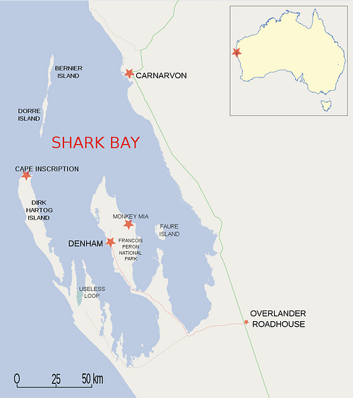 Map of Shark Bay Area Showing Dirk Hartog Island and Cape Inscription